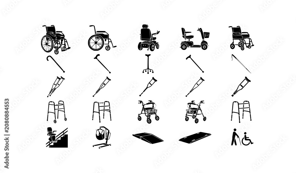 Fototapeta premium Mobility aid icons black and white vector collection