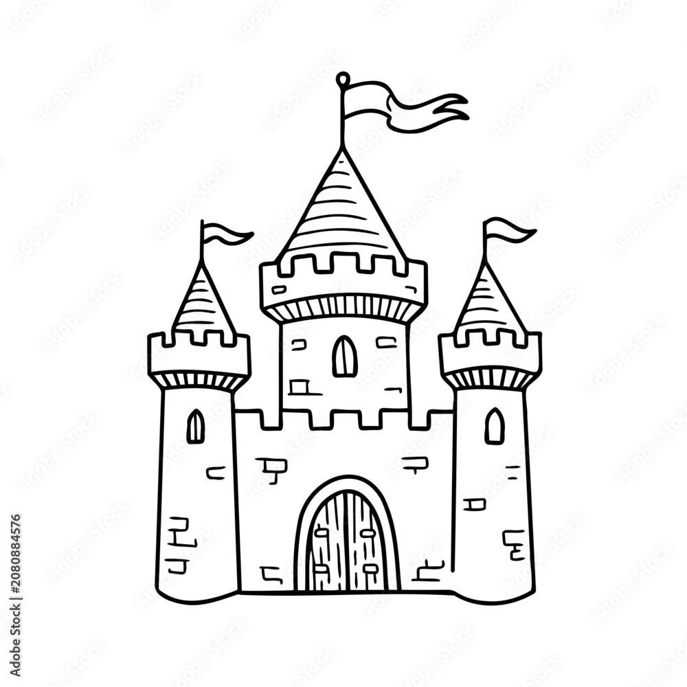 Fototapeta premium Fairy tale castle with three towers and flags, hand drawn medieval fortress sketch. Simple line art royal palace with arched gate and crenellations. Kingdom building doodle.