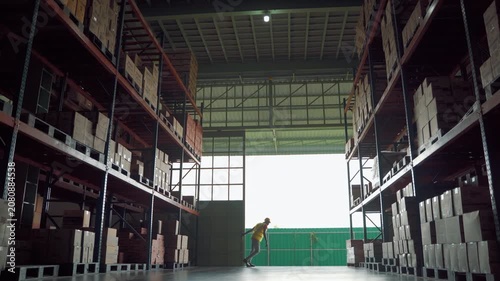 Wide view of a modern warehouse with tall storage racks filled with cartons and a worker walking through the distribution center. Industrial logistics, inventory storage, fulfillment, and supply chain