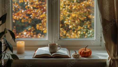 Cozy Scene With a Book, Mugs, and Pumpkins Near a Window in Autumn