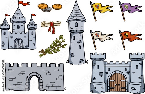 Medieval castle elements collection with towers, flags, coins and scroll. Cartoon style royal fortress set with gate, wall and laurel branch. Fantasy kingdom design assets bundle.