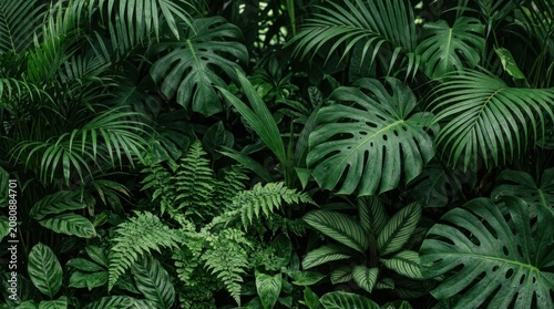 Lush tropical jungle leaves with monstera and fern foliage patterns in a dense dark green forest nature background