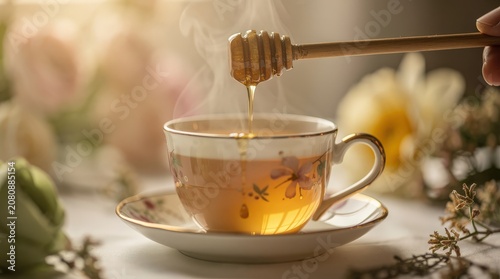 A steaming cup of tea with honey being drizzled from a wooden dipper, surrounded by soft floral decorations.