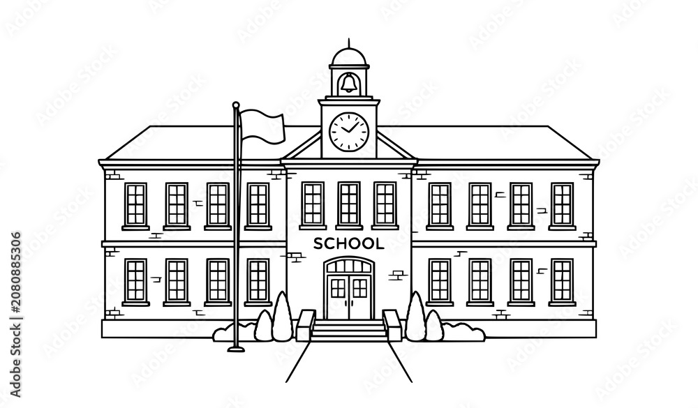 Fototapeta premium Minimal school building outline vector illustration