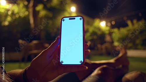 Hand Holding Smartphone With Blank Screen Mockup at Night in Tropical Garden, Mobile Communication and Digital Lifestyle