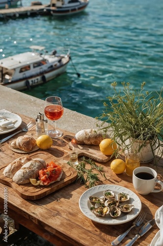 Enjoying a Meal by the Water With Bread, Seafood, and Drink During a Sunny Af...