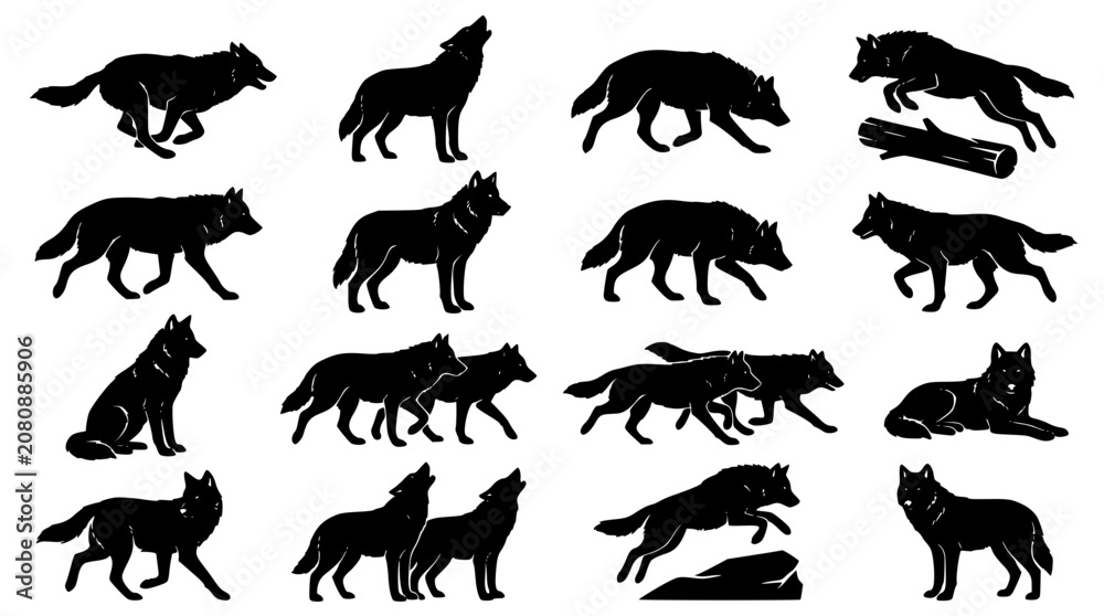 Fototapeta premium Wolf black silhouette collection with howling running stalking jumping and lying wild predator animal icons isolated on white vector