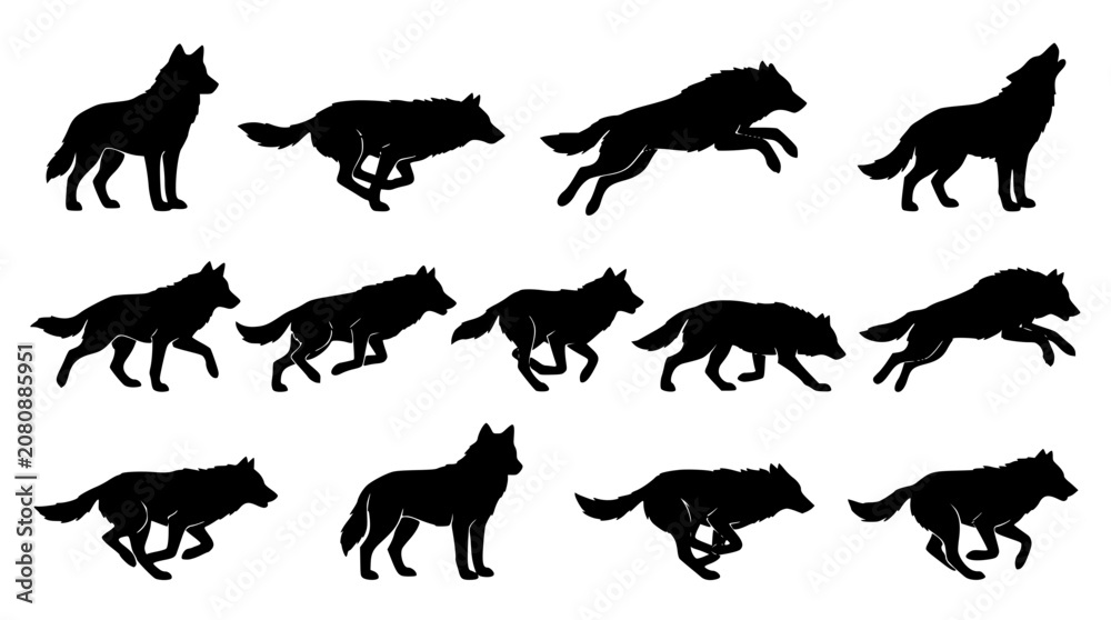 Obraz premium Running and howling wolf black silhouette icons set with wild predator animal action poses isolated on white background vector
