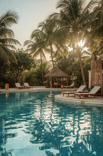 Sunshine Over a Tropical Pool Area With Loungers and Palm Trees in a Quiet Se...