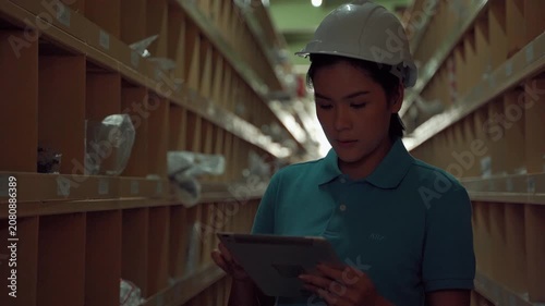 Female warehouse employee wearing a safety helmet using a digital tablet while checking inventory on storage shelves. Warehouse management, logistics, stock control, digital inventory system, and supp