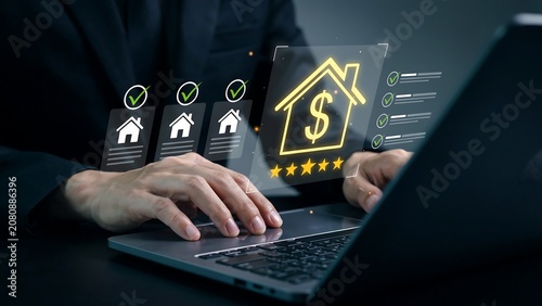 Real estate investment business growth analysis with property icons and star rating.
