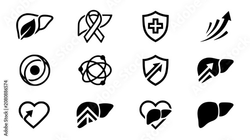 Fotografía Medical liver health and healthcare protection icons set with organ silhouette s