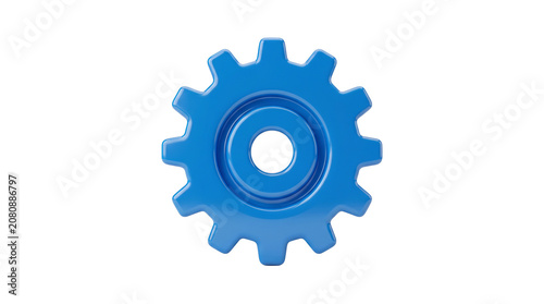 Blue gear cog isolated on transparent background, 3d render of mechanical engineering component with glossy plastic texture and smooth rounded edges for industrial design concepts