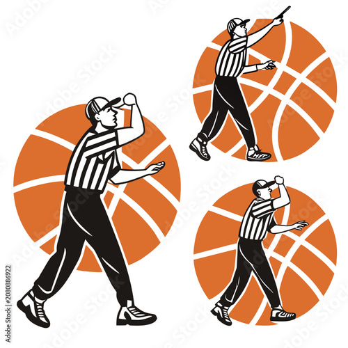 Fotografie Set of basketball referee figures signalling against spherical backgrounds with