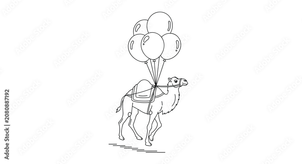 Obraz premium Playful line drawing shows a dromedary camel carrying a bunch of large balloons on its back while walking across a white background space.
