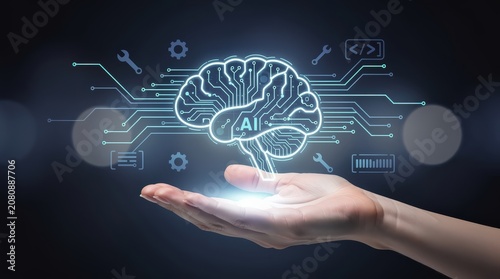 A hand holds a glowing digital brain with AI circuitry and technology icons, symbolizing artificial intelligence and advanced computing.