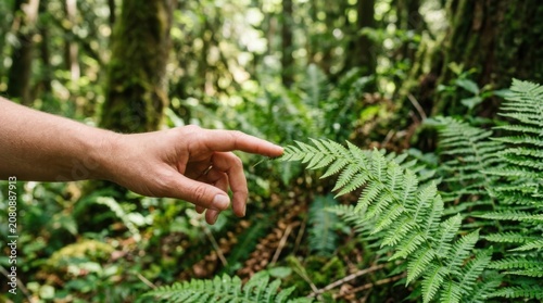 Close up of a human hand gently touching a green fern leaf in a sunny tropical forest during a bright summer day