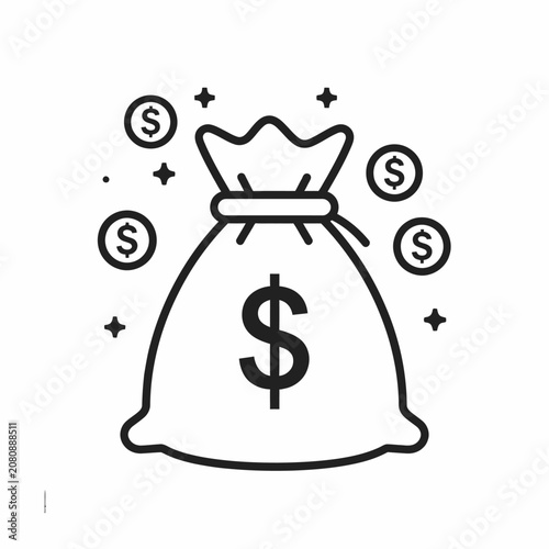 A money bag with dollar signs and coins floating around it.