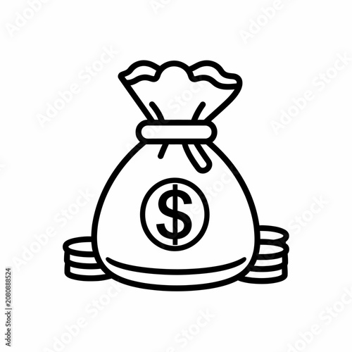 A black line drawing of a money bag with dollar sign and coins.