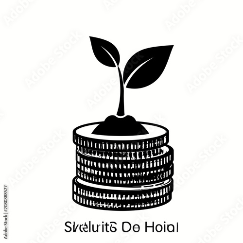 A black and white illustration of a plant growing from a stack of coins.