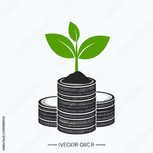 Green plant growing on coin stack.