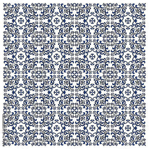 Padrão ornamental azul com arabescos e formas geométricas entrelaçadas inspirado na azulejaria clássica. Composição contínua sofisticada para revestimentos e decoração elegante.