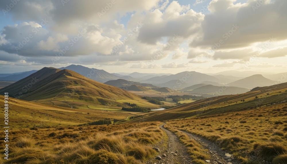 Fototapeta premium Scenic landscape featuring rolling hills and mountains under a dramatic sky, with a winding path leading into the distance, AI generated