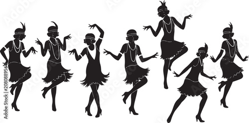 Roaring 20s flapper dancers silhouettes editable vector illustration.