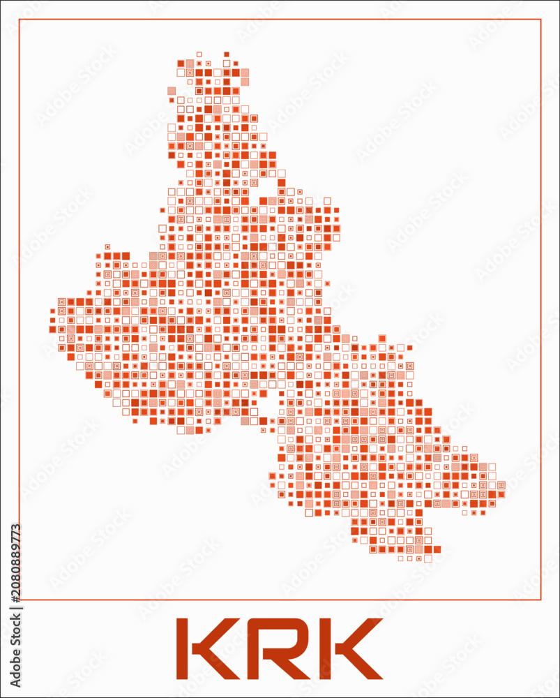 Obraz premium Krk digital style map. Small square dots on white background. Dotted shape of the island. Krk map and title. Elegant vector illustration.