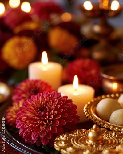 Decorated Diwali Table With Candles and Flowers During Celebration