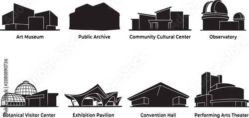Cuadro en lienzo Modern Architecture Landmark Building Black Silhouette Vector Icon Set Collectio