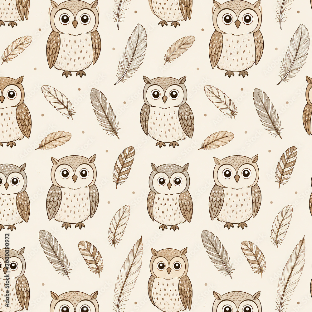 Fototapeta premium Seamless pattern with cute brown owls and feathers on a light background