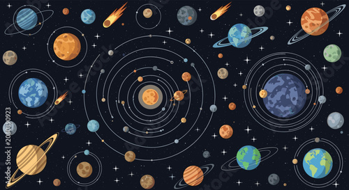 Educational flat illustration of the solar system showing planets in their orbits with asteroids and comets in a vast starry space.