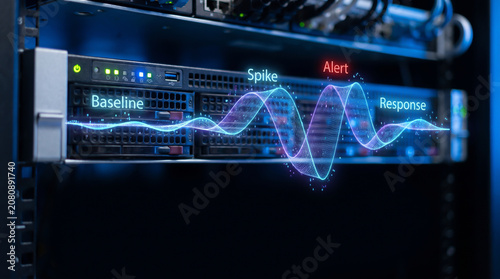 Digital data visualization of network traffic fluctuations on server hardware with baseline, spike, alert, and response concept with copy space