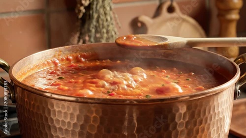 Static Shot Of A Large Copper Pot Filled With Thick Simmering Pomodoro Sauce In A Cozy Kitchen Setting