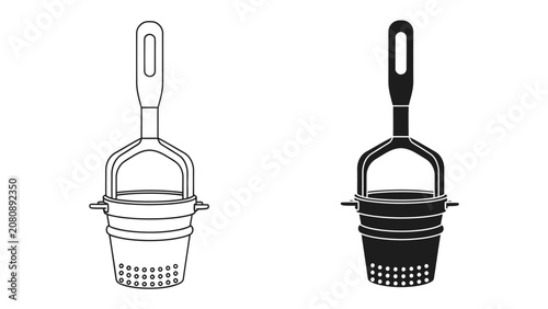 Bild auf Leinwand Potato Masher Duo: A clean vector illustration showcases two potato mashers, one in outline and the other as a solid silhouette, presenting a versatile kitchen tool