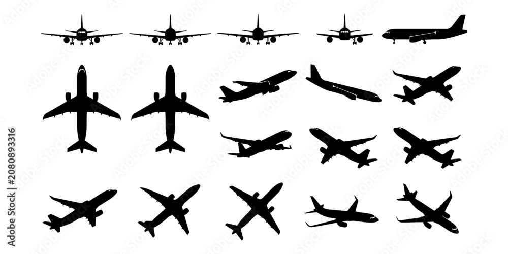 Fototapeta premium Collection of black airplane silhouettes in various flight positions, including takeoff, landing, and top-down views on a white background