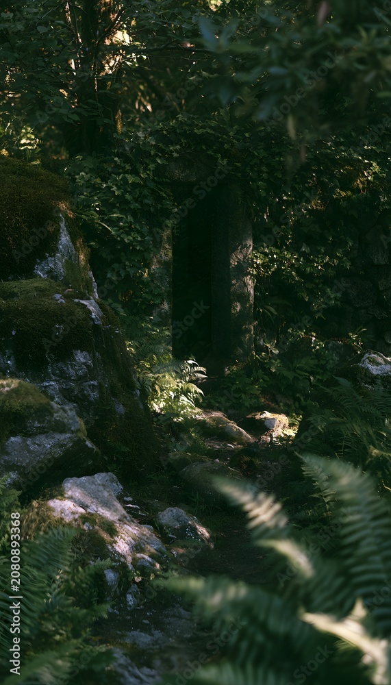 Obraz premium Ancient doorway discovery reveals a serene forest path steeped in mystery and timeless wonder