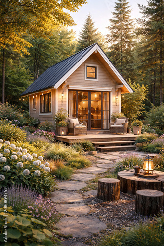 Cozy Cabin Retreat: A charming wooden cabin nestled amidst a lush, sun-dappled forest.