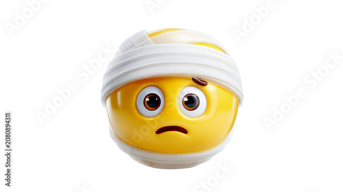 Sad yellow 3d emoji character wearing a white medical bandage wrapped around its round head