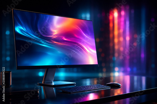 Vibrant Digital Display: A sleek monitor showcasing a dynamic, colorful abstract wallpaper sits on a desk, illuminated by neon lights in a modern, tech-savvy environment.