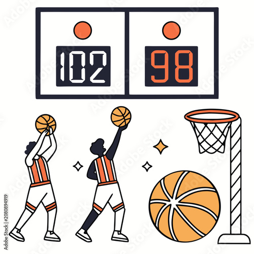 Basketball game players shooting at hoop with scoreboard graphic, basketball