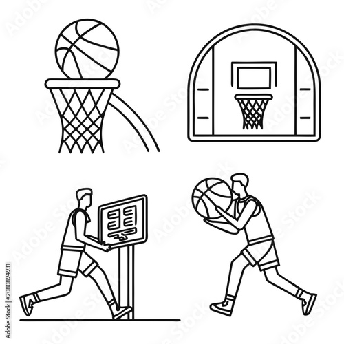Basketball sports elements set with players and hoop icons basketball shooting