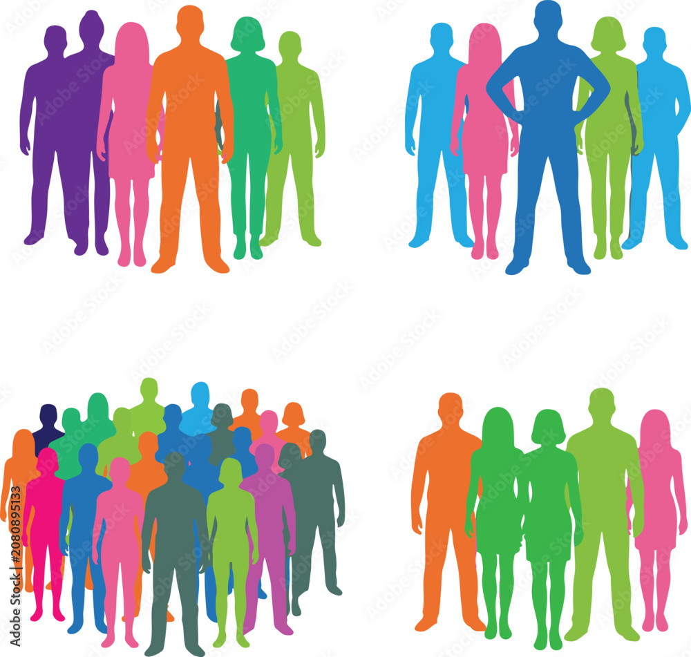 Obraz premium Colorful Diverse People Silhouette Vector Collection Featuring Community Groups Teamwork Human Crowd and Social Diversity Isolated on White Background