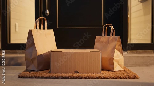 Static Shot of a Modern Apartment Doorstep with Large Cardboard Meal Delivery Boxes and Bags, Capturing the Essence of Urban Living and Convenience