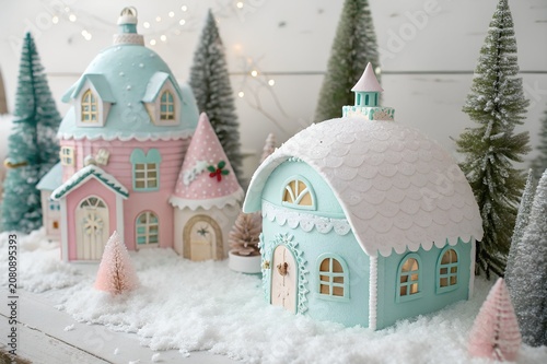 Pastel pink and blue miniature christmas village with christmas miniature decoration whimsical celebration collectible architecture bottlebrush cheerful atmosphere creative seasonal