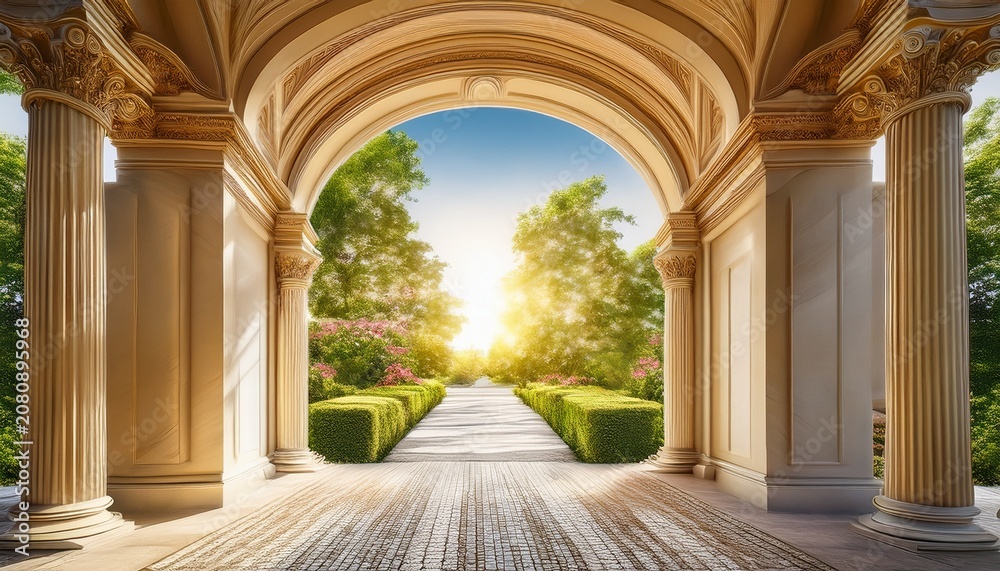 Fototapeta premium entering an archway with columns to a bright outdoor scene