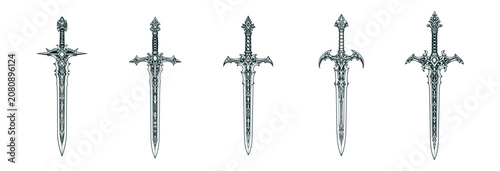 Quadro su tela Collection of five medieval knight swords with elaborate hilts and sharp blades in gray tones