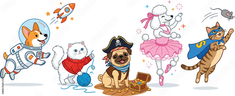 Naklejka premium Cute cartoon animals in costumes like astronaut dog and ballerina poodle vector illustration