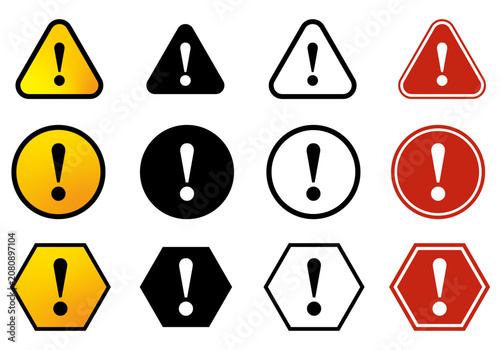 Warning  icon set illustration, red yellow and black exclamation caution signs for hazard alert, safety notice, risk prevention, emergency symbol. Warning and alert icon collection. 